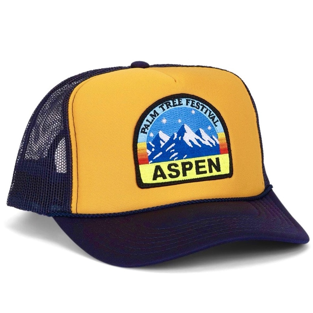 NWT Aviator Nation Aspen Palm Tree Festival Trucker Hat Gold / Navy Blue, Unisex